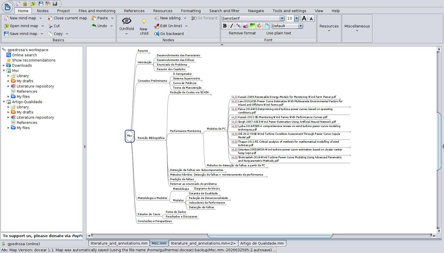 My Docear mindmap for MSc project along with pdfs used for Power Curve session