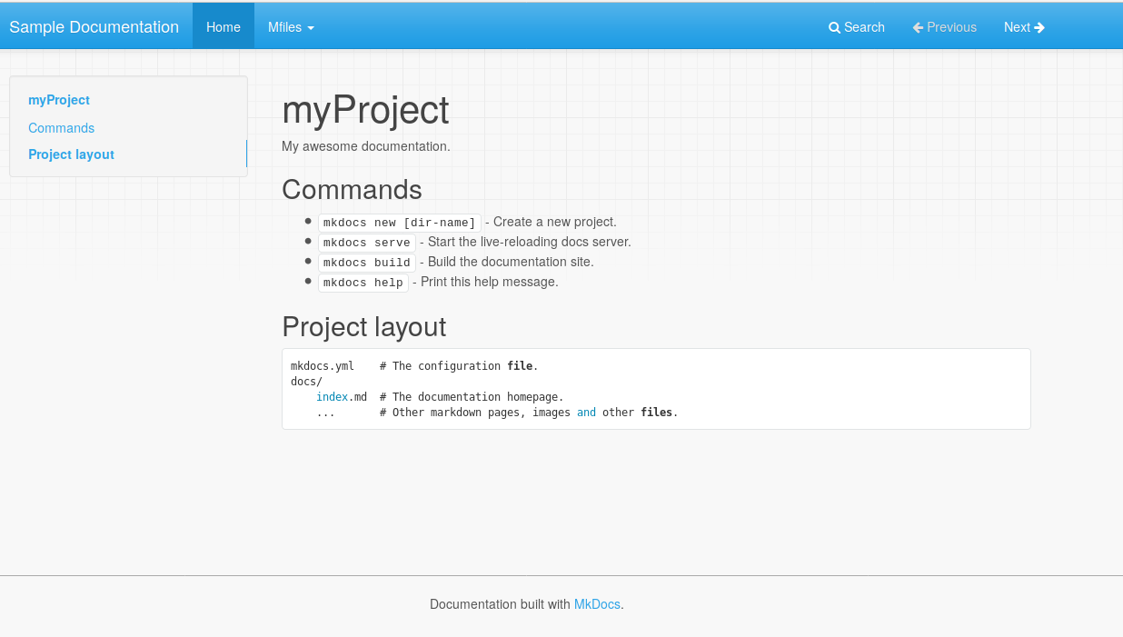 Figure 1: MkDocs documentation generated automatically for a matlab project